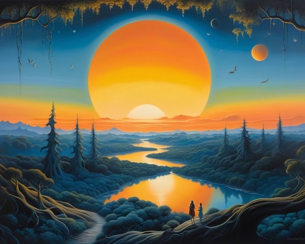 Fantasy Landscape with Giant Orange Sun and River