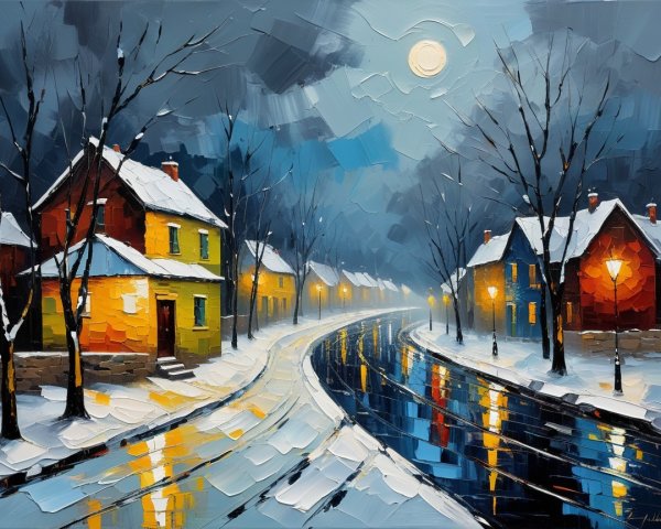 Serene Winter Night Landscape with Snowy Houses