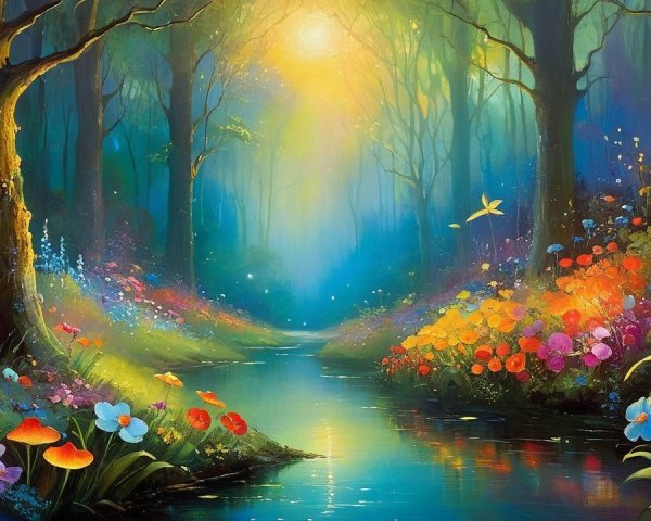 Vibrant forest scene with golden sunlight and flowers