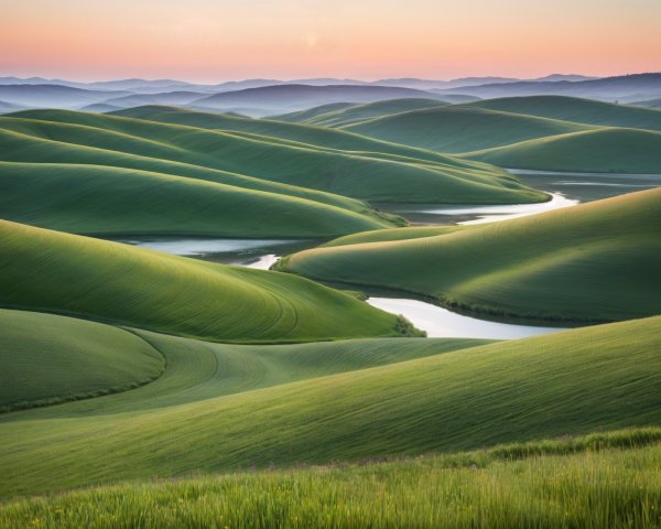 Serene Landscape of Rolling Hills and Winding River