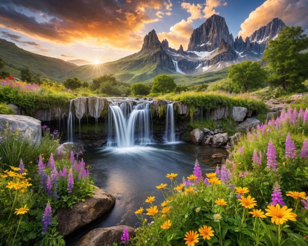 Serene Waterfall in a Vibrant Mountain Landscape