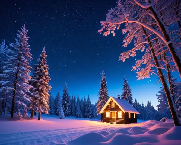 Cozy Winter Cabin in Snowy Pine Tree Landscape