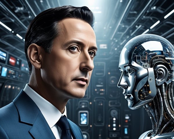 Human Figure and Futuristic Robot in High-Tech Setting
