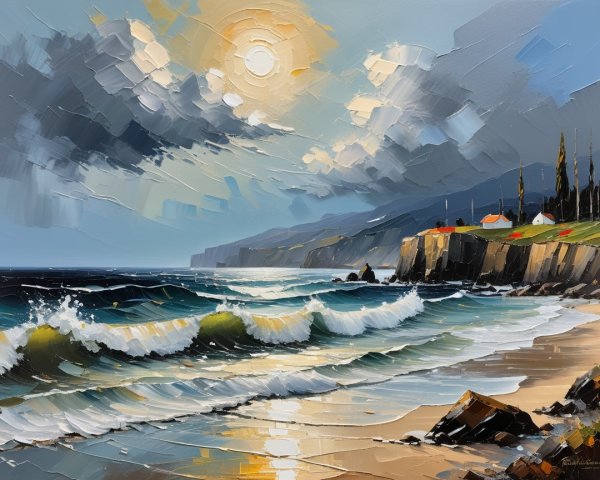 Vibrant Coastal Scene with Waves and Dramatic Sky