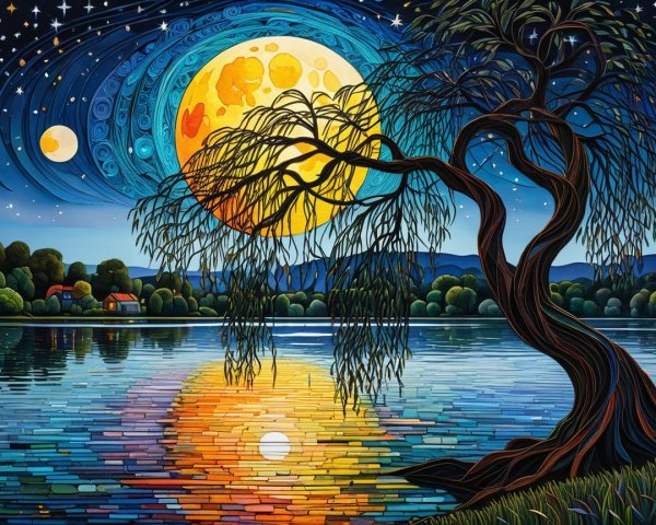 Vibrant Landscape with Serene Lake and Night Sky