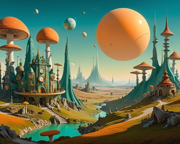 Alien Landscape with Giant Orange and White Mushrooms