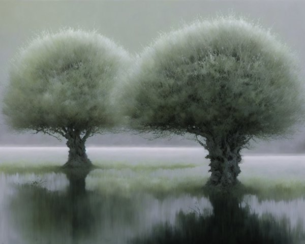 Serene Landscape with Stylized Trees and Calm Waters