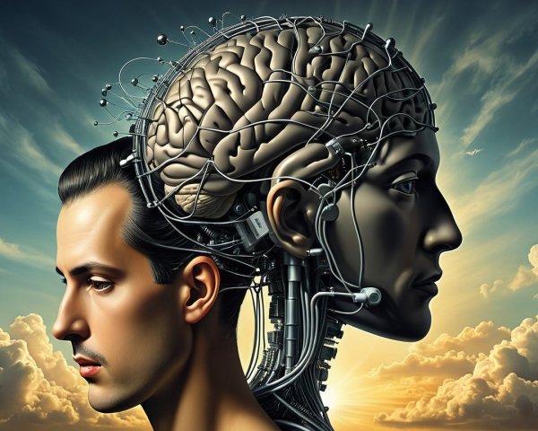 Profile of a man with mechanical head and brain details