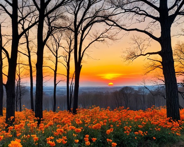 Sunset Over Field of Orange Flowers and Bare Trees