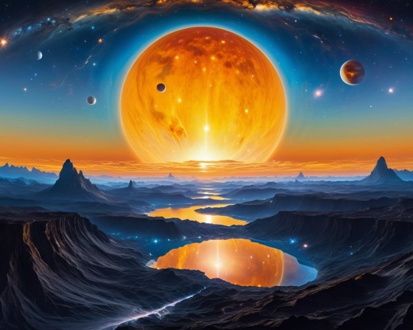 Vibrant Alien Landscape with Cosmic Elements at Sunset