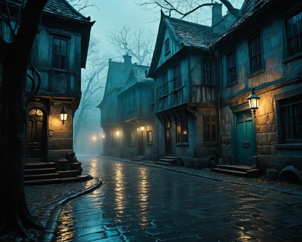 Misty Street with Vintage Houses and Lantern Light