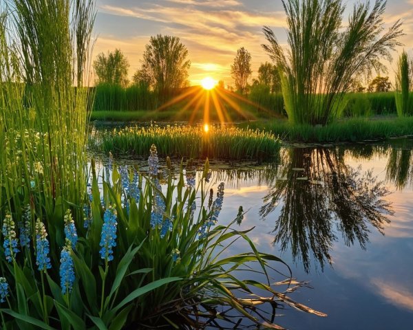 Serene Sunset Over Tranquil Waterway with Flowers