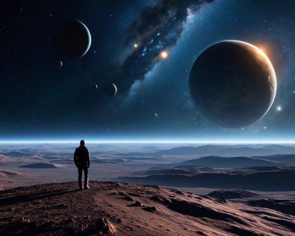Lone Figure on Rocky Terrain Under Starry Sky