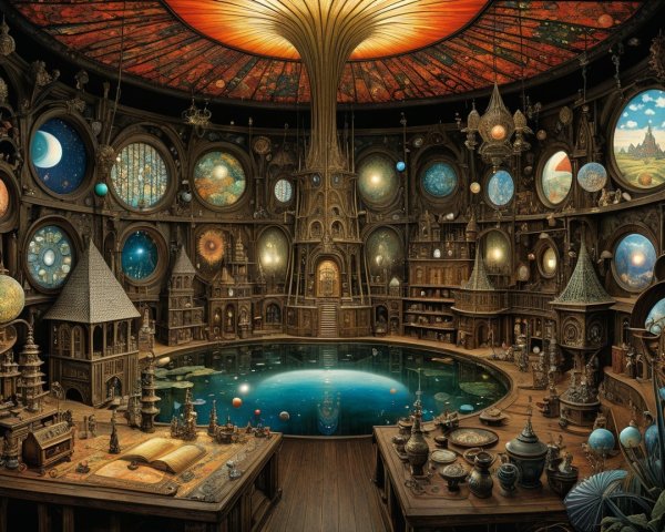 Fantastical Circular Room with Steampunk Elements