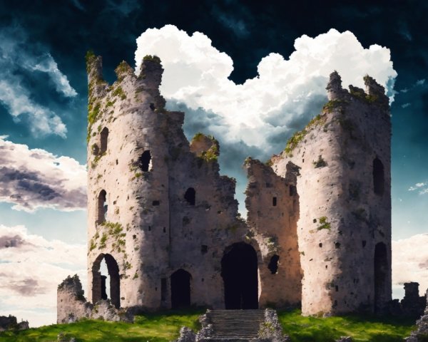 Crumbling Stone Castle Against Dramatic Cloudy Sky