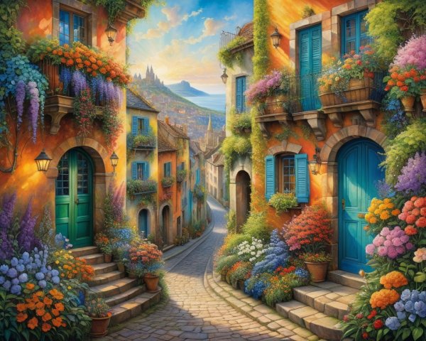 Charming Flower-Adorned Street with Castle Silhouette