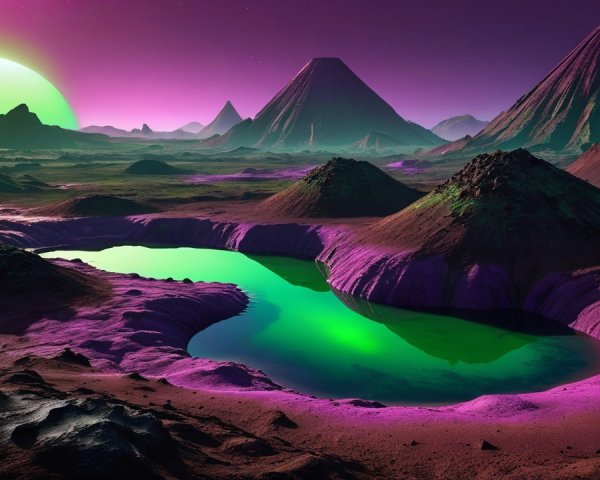 Surreal Alien Landscape with Purple Mountains and Green Sun