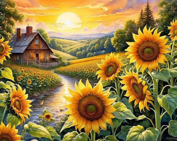 Golden Sunset Over Sunflower Field and Farmhouse