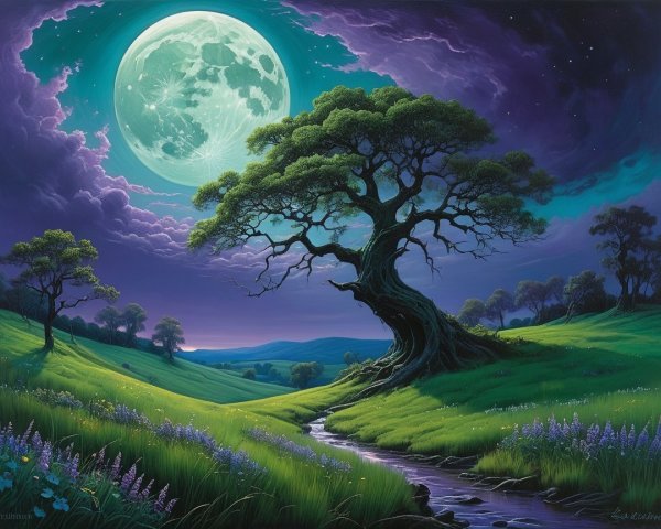 Mystical Landscape with Stream and Luminous Moon