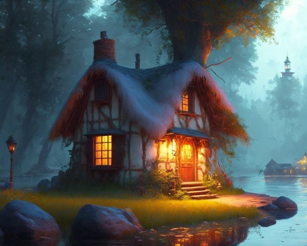 Cozy Cottage by Serene Lake with Misty Atmosphere