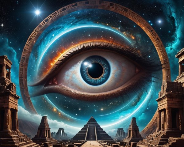 Close-up of a blue eye in a cosmic landscape