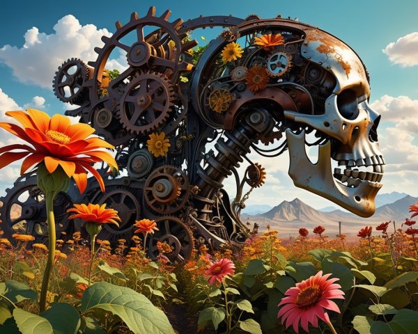 Steampunk Skull Surrounded by Vibrant Flowers in Field