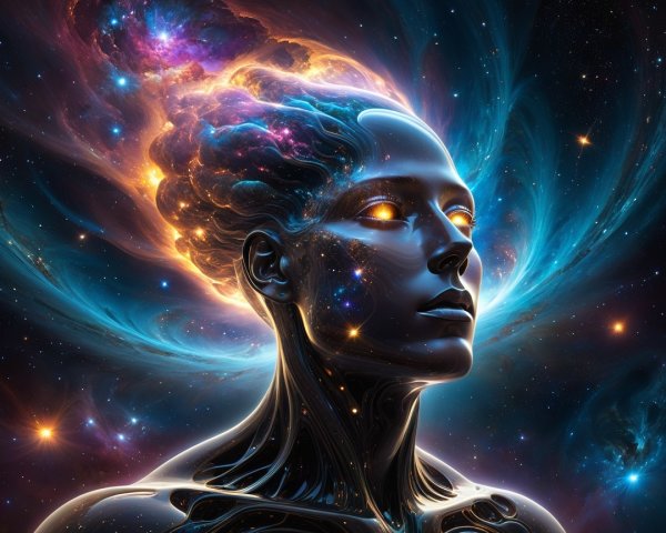Cosmic Portrait of a Cybernetic Human Figure