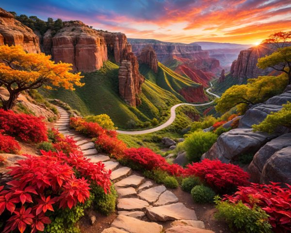 Vibrant Landscape with Winding Pathway and Cliffs