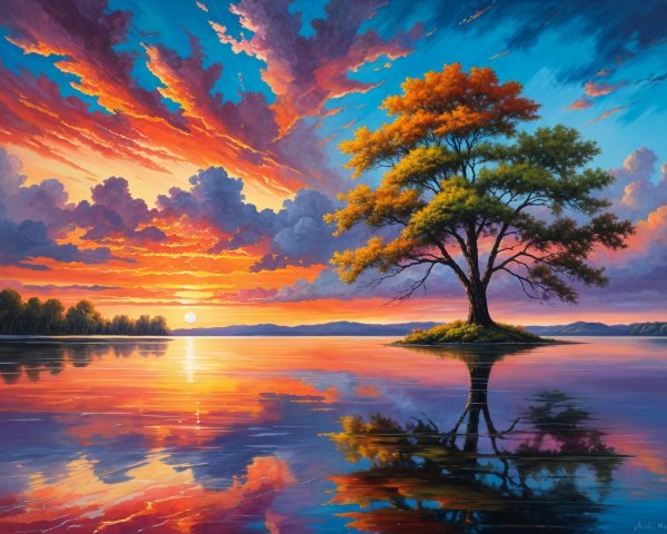 Solitary Tree on Island with Sunset Reflection
