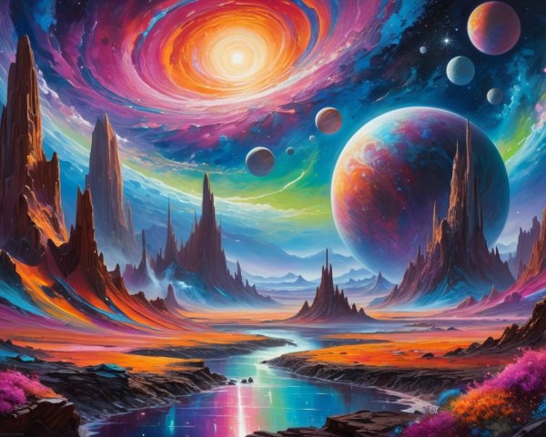 Vibrant Cosmic Landscape with Galaxies and Mountains