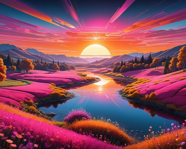 Vibrant Sunset Landscape with Flowers and River