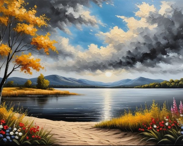 Serene Landscape with Lake and Vibrant Autumn Colors