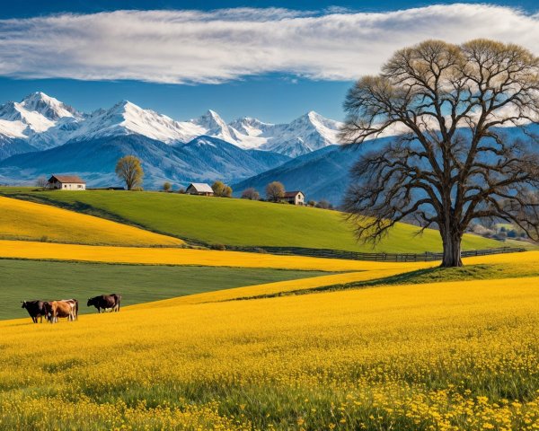 Vibrant Landscape with Grazing Cows and Mountains