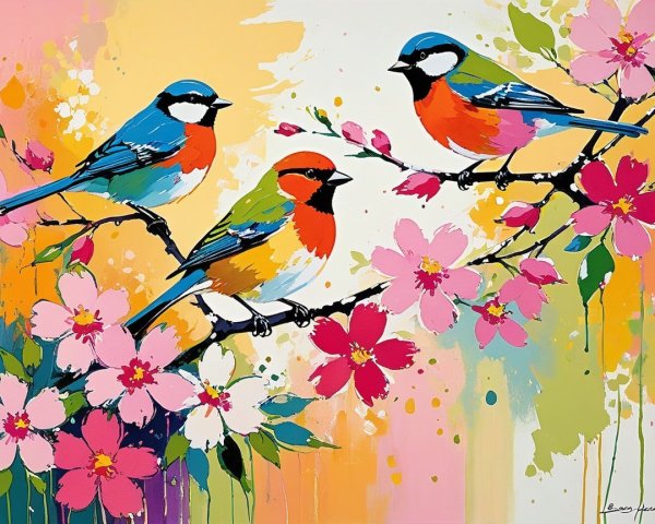Colorful Birds on a Flowering Branch Artwork