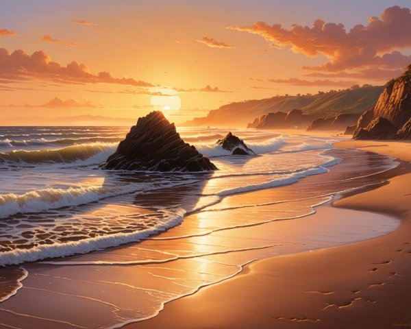 Sunset Beach Scene with Golden Sky and Ocean Waves
