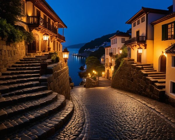 Charming Cobblestone Street at Dusk with Vintage Lamps