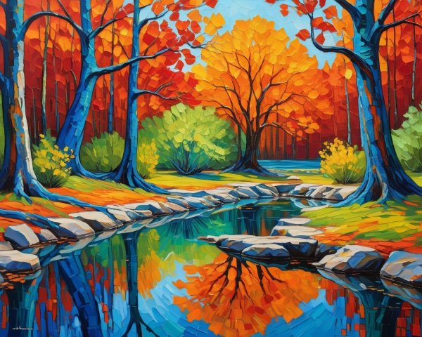 Autumn Landscape with Stream and Colorful Foliage