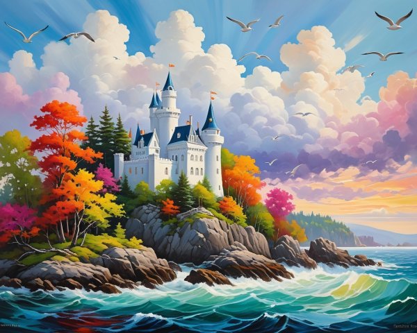 Castle on Cliffs Overlooking Vibrant Ocean at Sunset