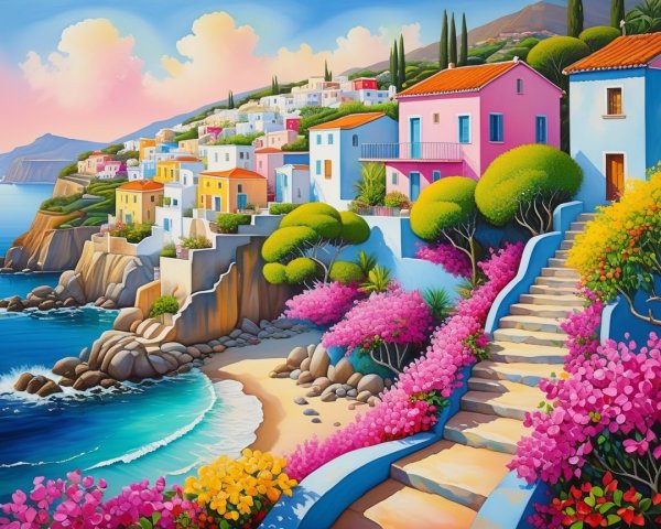 Vibrant Coastal Scene with Pastel Houses and Beach