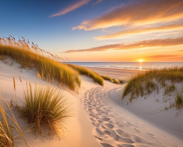 Serene Beach Sunset with Sand Dunes and Ocean Waves