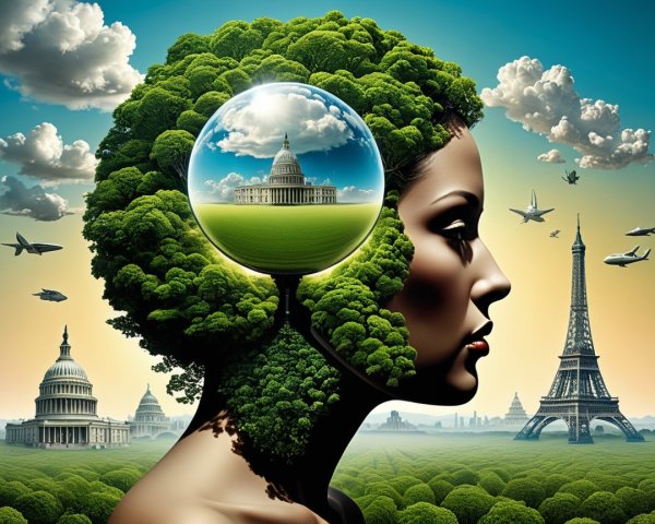 Silhouette of a Woman's Head with Nature and Landmarks