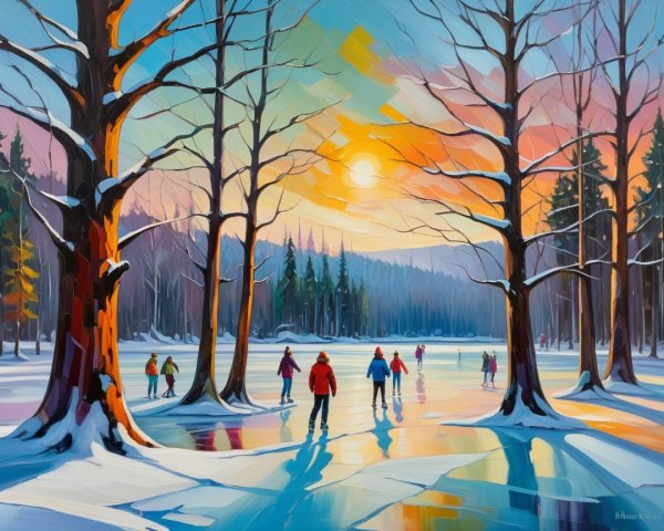 Vibrant Winter Scene with Skaters on Frozen Lake