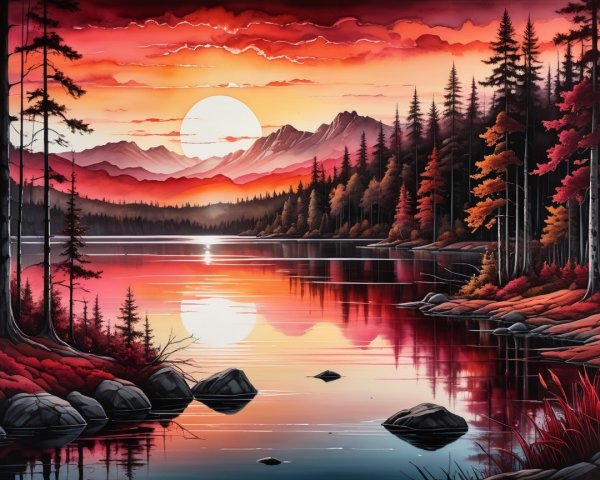 Serene Sunset Landscape with Lake and Mountains