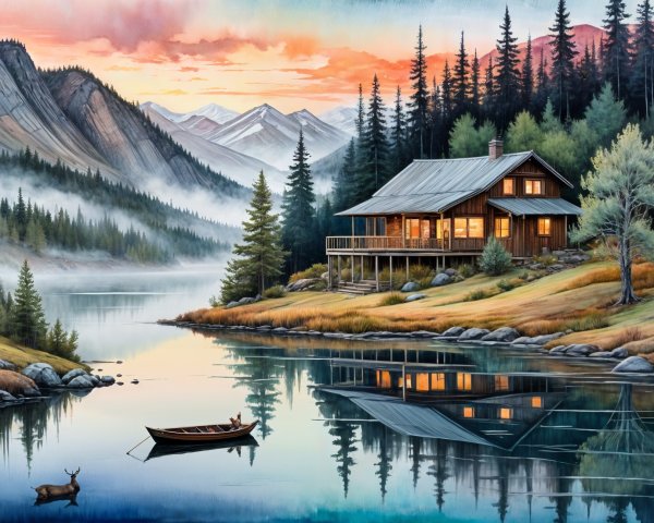 Lakeside Cabin Scene at Sunset with Nature Elements