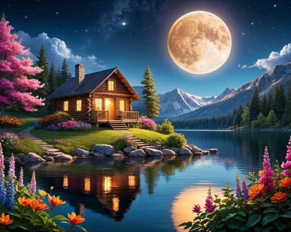 Lakeside Cabin Surrounded by Flowers and Mountains