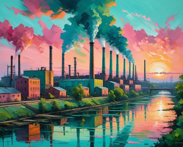 Industrial Landscape at Sunset with Smokestacks and River