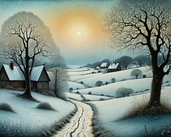 Winter Landscape with Snow-Covered Hills and Cottages