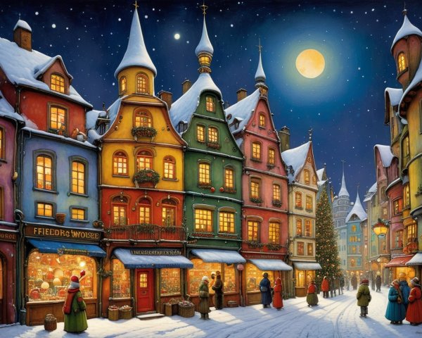 Colorful Snow-Covered Buildings Under a Starry Sky