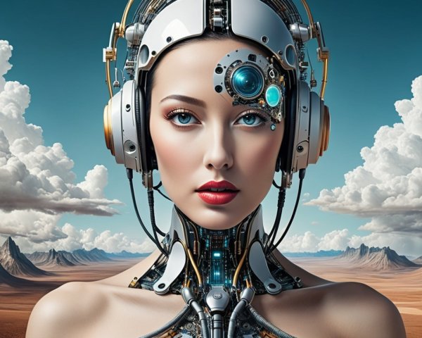Futuristic Robotic Woman in Desert Landscape