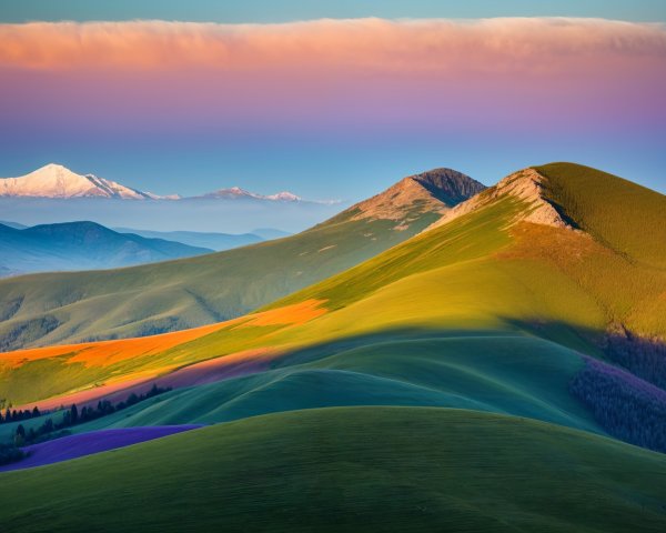 Vibrant Rolling Hills and Snow-Capped Mountains Landscape